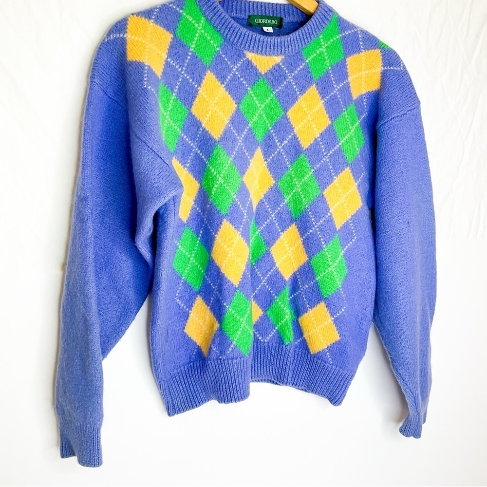 Vintage 90s Blue Argyle Wool Sweater Lavender Green Yellow
